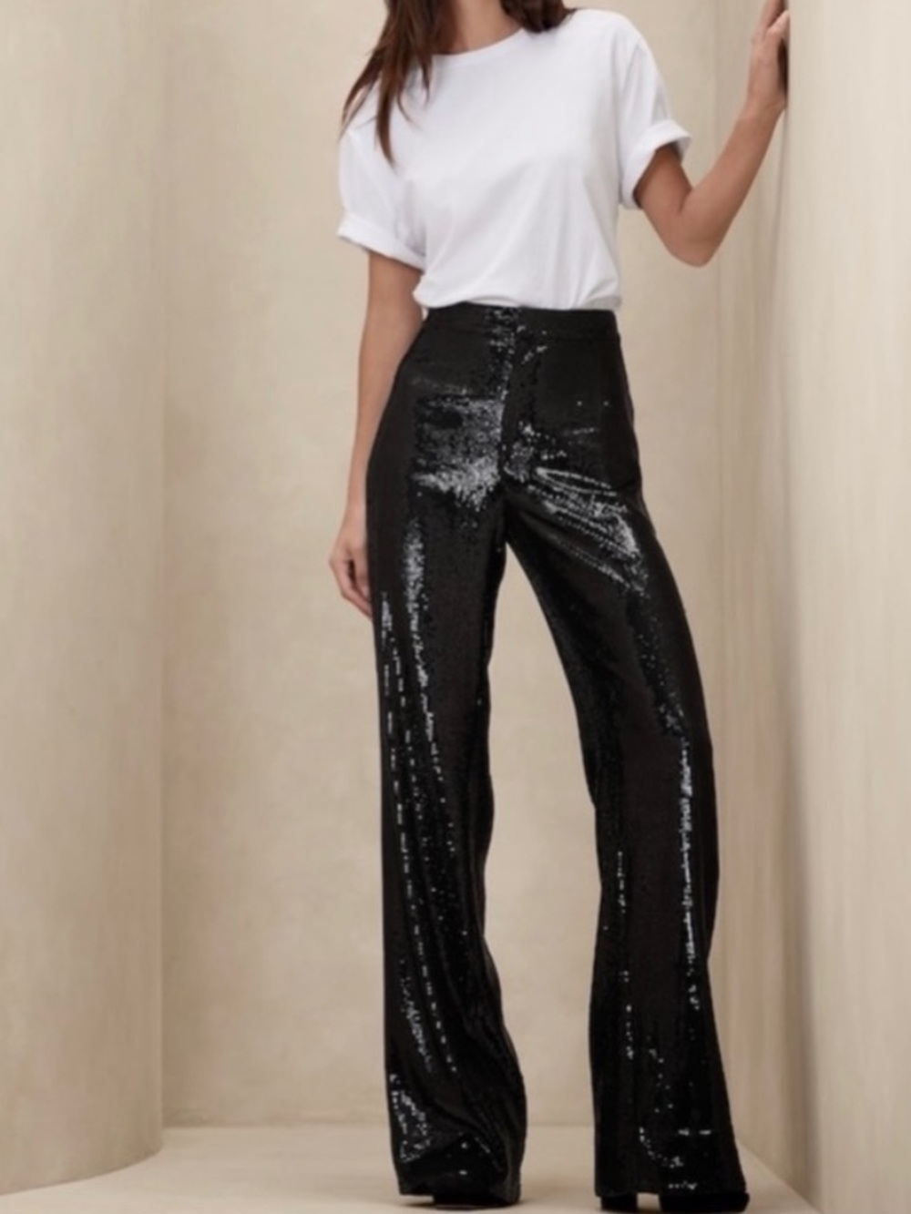 Banana Republic Dita Black Sequin Wide-Leg Pants - Size 4 Tall